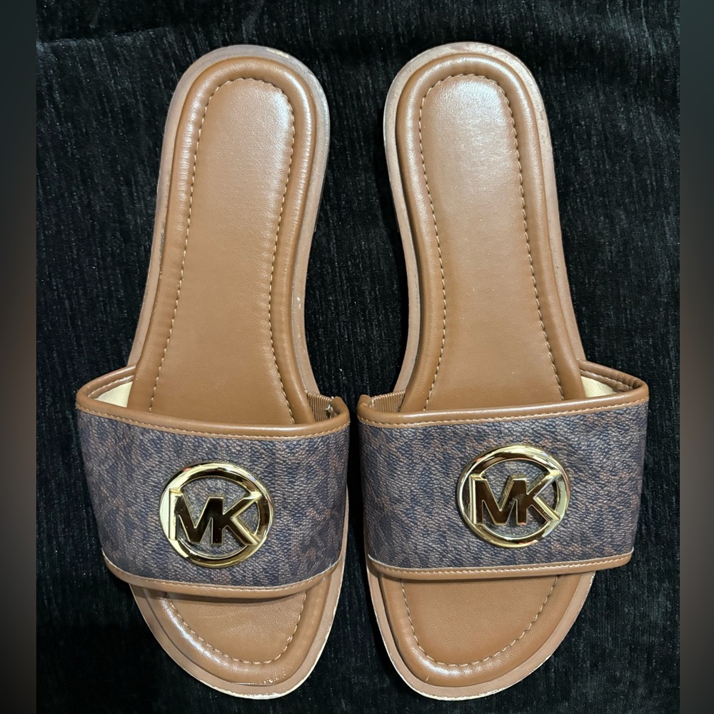 Michael Kors Brown Logo Slide Sandals with Gold MK Medallion